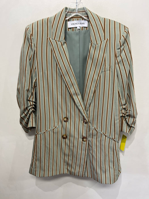 Veronica Beard Size 14 Green & Brown Rayon Blend Long Sleeve Stripe Jacket