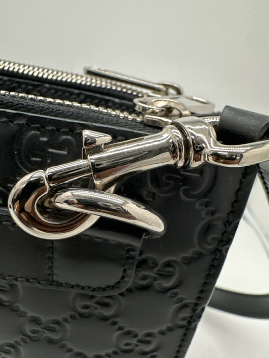 Gucci Black Leather Guccissima embossed Zip Top Messenger Bag