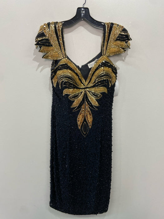 Lillie Rubin Size 8 Black & Gold Silk Sequins Leaf Embellished Dress