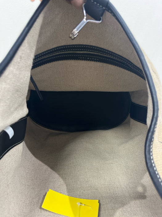 Tory Burch Tan & black Leather & Linen Quilted Logo Shoulder Hobo Bag