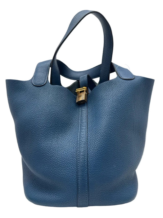 Hermes Cobalt Blue Pebble Leather Gold hardware Top Handle Tote Bag