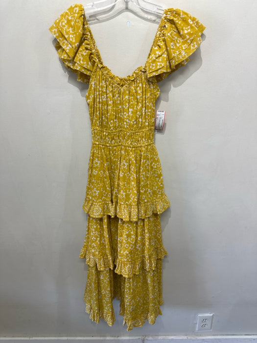 Cleobella Size XS Yellow & Cream Organic Cotton Ruffle Elastic Waist Maxi Dress
