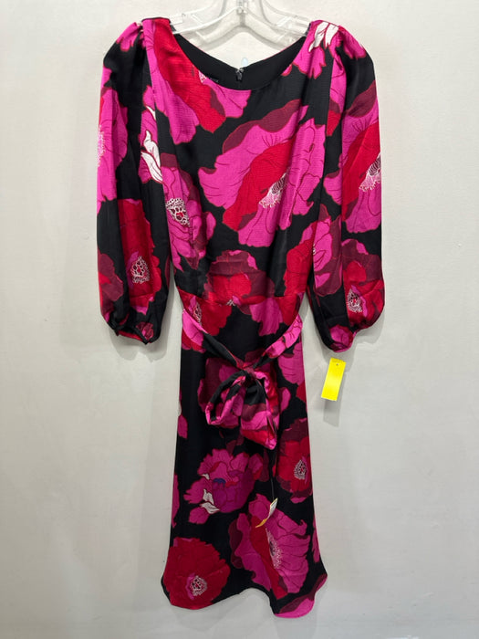 Talbots Size 10 Black, Pink & Red Polyester floral print Midi Tie Belt Dress