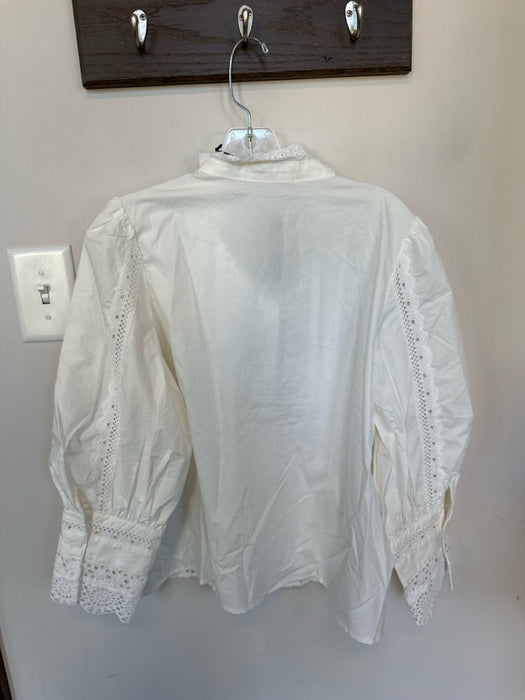 avara Size M White Cotton Long Balloon Sleeve Lace Button Down Top