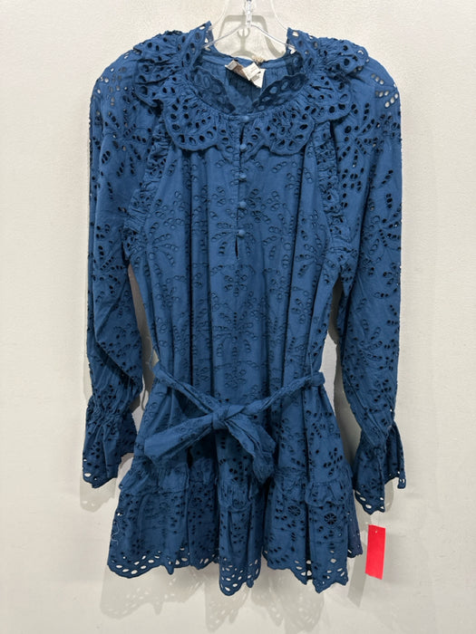 Cleobella Size Medium Teal Blue Cotton Long Sleeve Eyelet Quarter Button Dress