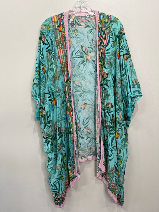 Johnny Was Size L Blue & Pink Viscose Tropical Print Kaftan Open Front Dress