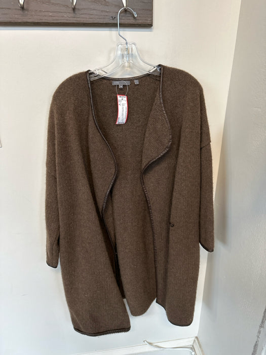Vince Size M Brown Wool Blend Leather trim Long Sleeve Open Front Coat