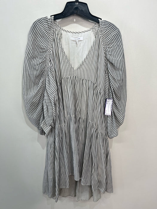 Frame Size XS White & Gray Cotton Blend Pinstripe V Neck 3/4 Puff Sleeve Dress