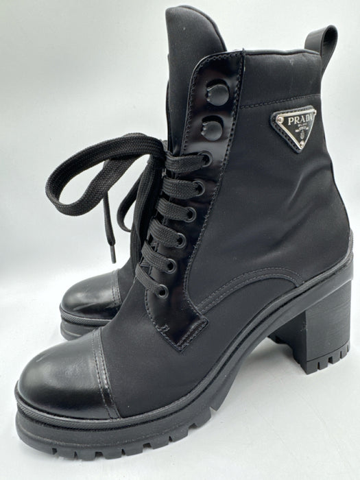 Prada Shoe Size 39.5 Black Nylon Leather Triangle Logo Block Heel Combat Boots