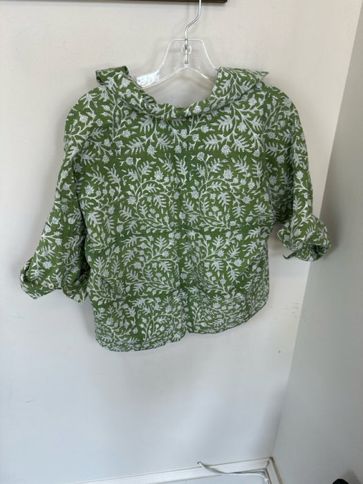 Saule Parc Size S Green & White Cotton Short Sleeve Botanical Button Down Top
