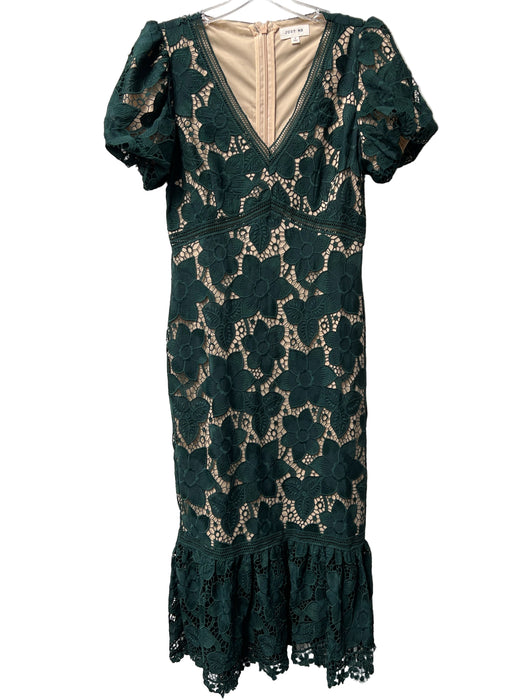 Just Me Size Small Green & Tan Polyester Lined Overlay Back Zip V Neck Dress