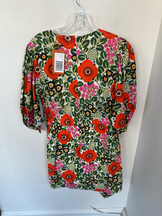 Rhode Size 8 Orange & Green Cotton Long Balloon Sleeve Botanical Ruffles Dress