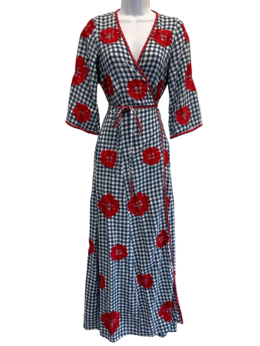 Nimo Size XS Blue, White, Red Cotton Blend 1/2 Sleeve Gingham Midi Dress