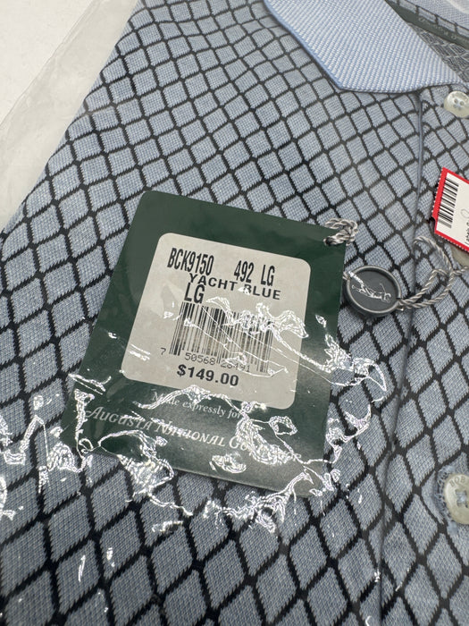 Bobby Jones NWT Size L Light Blue & Navy Cotton Blend Grid Polo Short Sleeve