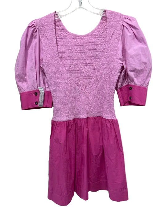Ganni Size 38 Pink & Hot Pink Cotton Short Puff Sleeve Smocked Bodice Mini Dress