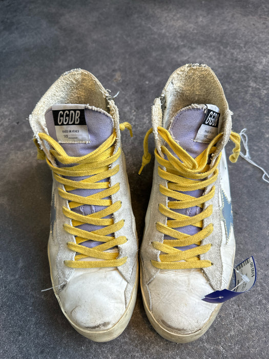 Golden Goose Shoe Size 38 Cream & Yellow Leather High Top Decals Lace Up Shoes