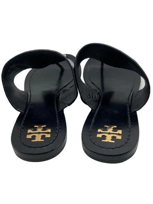 Tory Burch Shoe Size 7 Black Leather Gold hardware Circle Detail Thong Sandals