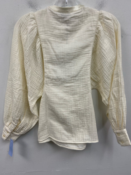 S'edge Size M Creme Cotton Long Balloon Sleeve Button Detail Satin Trim Top