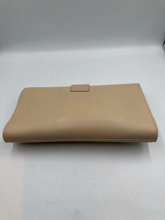 Yves Saint Laurent Beige Leather Magnetic Flap Gold Logo Clutch Bag