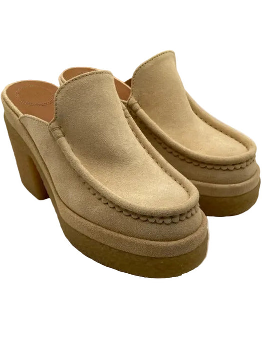 Chloe Shoe Size 39 Biscotti Beige Suede Upper Rubber Sole Solid Block Heel Mules