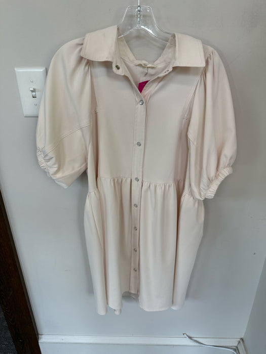 Entro Size M Cream Polyester Short Balloon Sleeve Collar Snap Buttons Dress