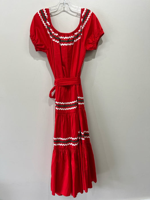 Tory Burch Size L Red, White, Green Cotton Solid Squiggles Maxi Belt Inc Dress