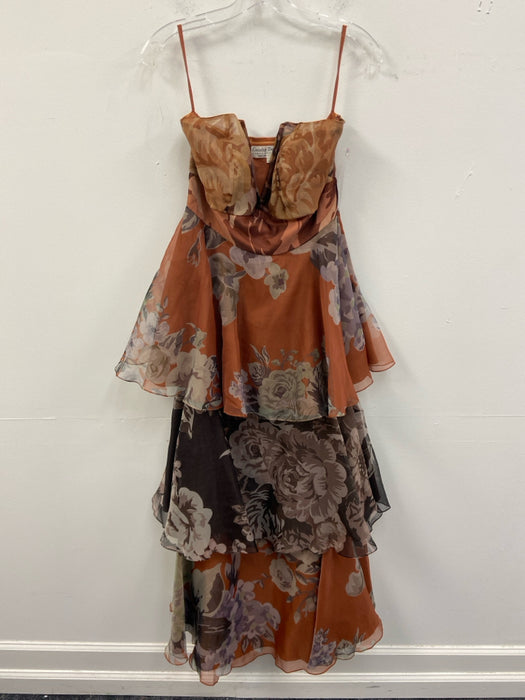 Geisha Designs Size M Orange, Brown & Multi Polyester & Rayon Floral Padded Gown