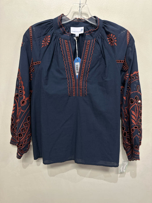 Cartolina Size XS Navy Blue & Orange Cotton Blend Long Balloon Sleeve V Neck Top