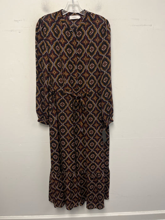 A.L.C. Size 6 Black, Burgundy, Yellow Silk Long Sleeve Floral Gathered Dress