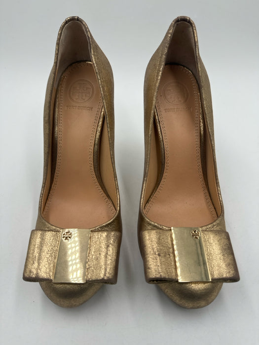 Tory Burch Shoe Size 6.5 Gold Leather round toe Bow Stiletto metallic Pumps