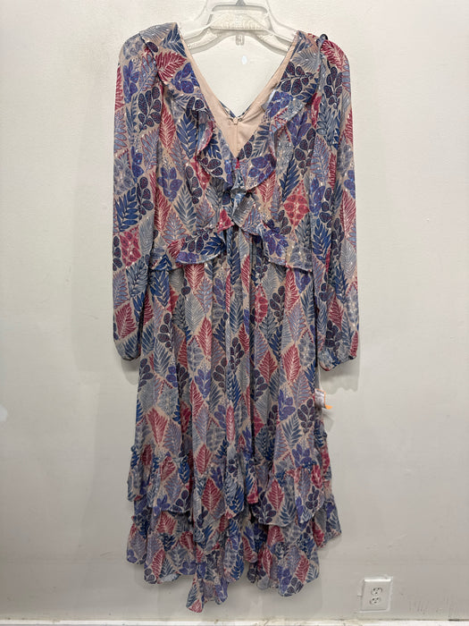 Greylin Size M Blue & Red Polyester Botanical Print Ruffle Back Zip Dress