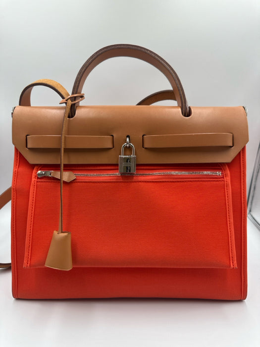 Hermes Orange Canvas Leather Silver Hardware Crossbody Certified by Entrupy Bag
