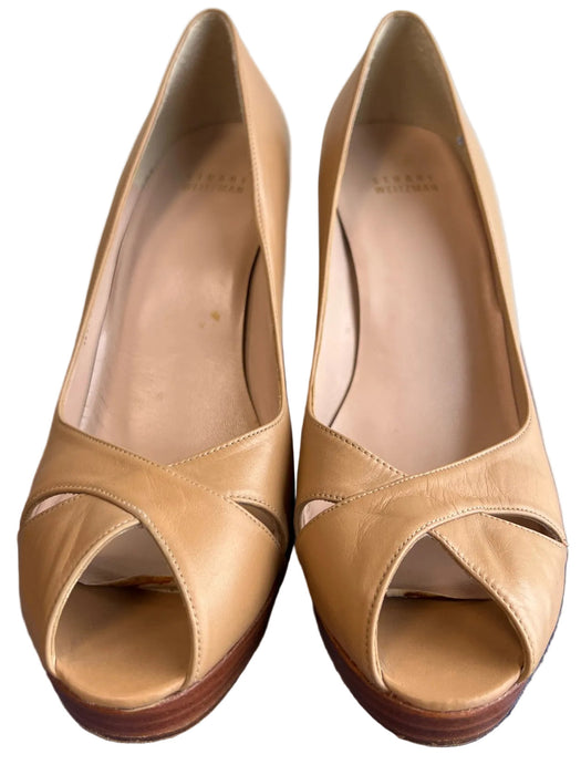 Stuart Weitzman Shoe Size 9 Tan Leather Peep Toe Cross Over Slip On Shoes