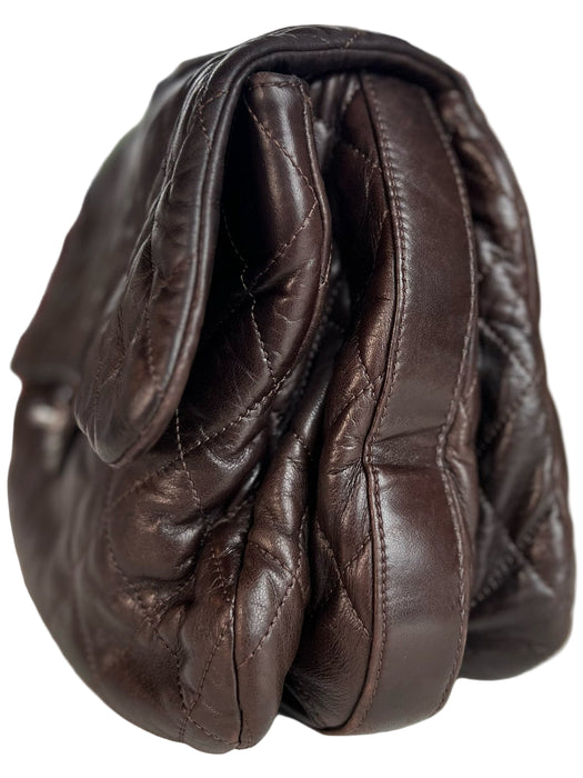 Chanel Brown Lambskin Quilted Acordian Shoulder Chain Logo Closure Bag