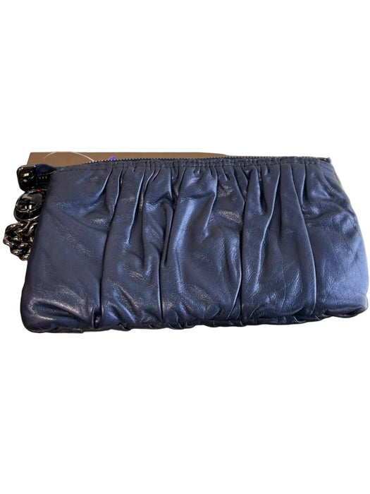 Gucci Navy Blue Leather Zip Close Pleated Detail Wristlet Bag