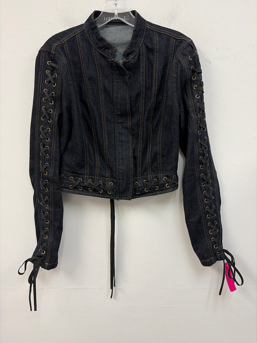 Lioness Size M Dark Wash Cotton Blend Zip Front Lace Up Detail Denim Jacket