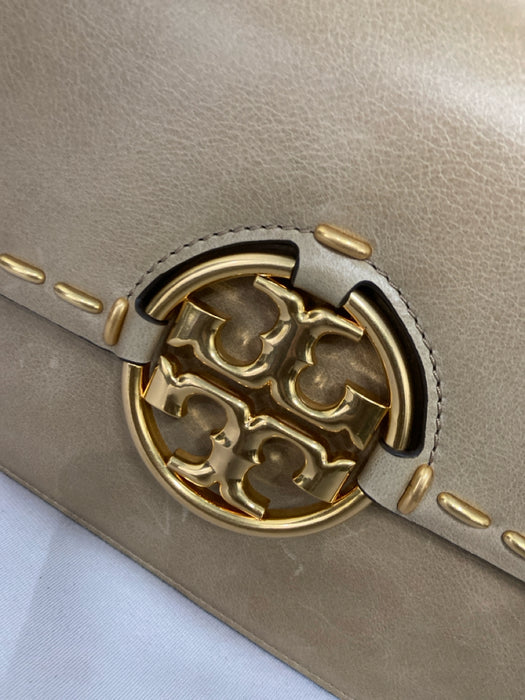 Tory Burch Taupe Brown Leather Braided Strap Shoulder Bag Gold Hardware Bag