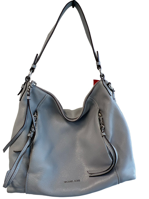 Michael Kors Blue Gray Leather Top Handle Zip Close Tassel Silver hardware Bag