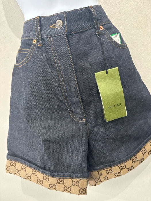 Gucci Size 27 Dark Wash & Brown Cotton Denim Logo Cuffed High Waist Shorts