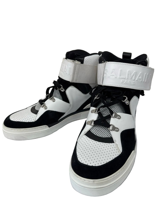 Balmain Shoe Size 46 White & Black Leather Two Tone High Top Sneaker Men's Shoes