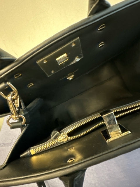 Ferragamo Black & White Leather Woven Top Handle Bag