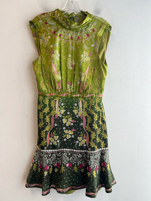 Saloni Size 10 Green & Multi Silk/Satin Sleeveless High Neck Floral Dress