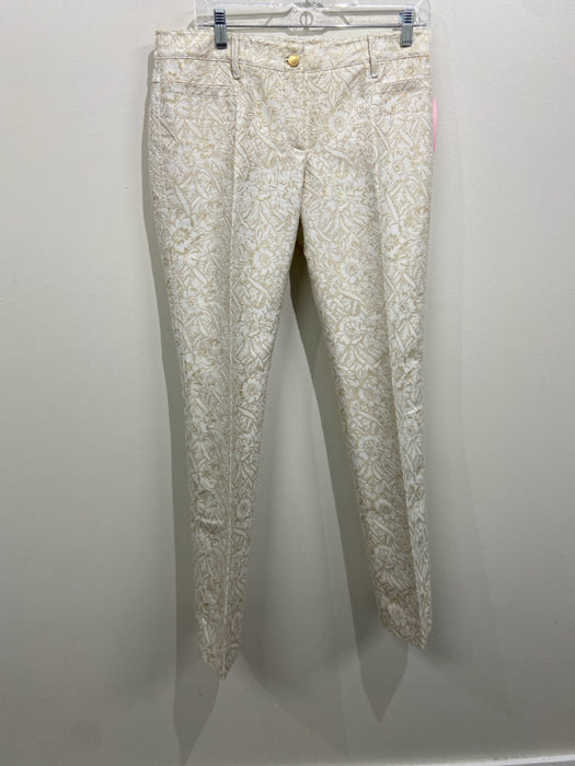 Dolce & Gabbana Size 42 White & Gold Cotton Blend Metallic Thread Floral Pants