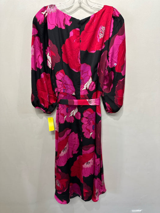 Talbots Size 10 Black, Pink & Red Polyester floral print Midi Tie Belt Dress