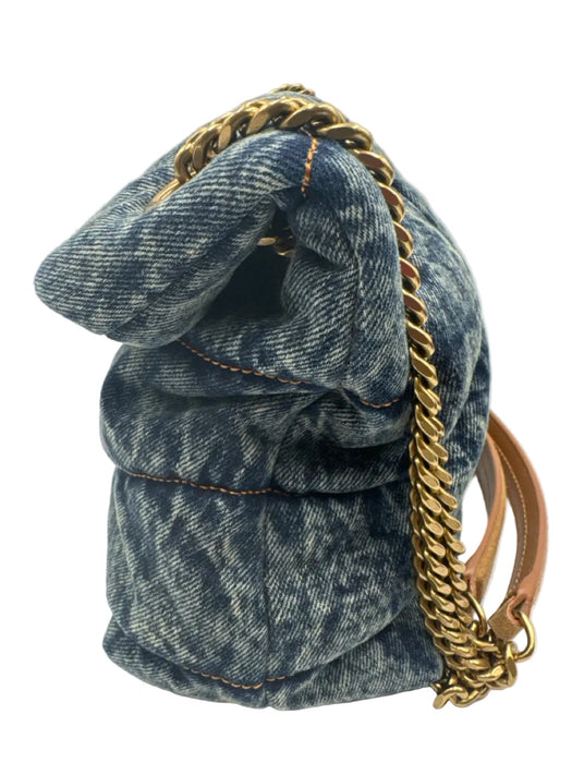 Saint Laurent Blue & Brown Textile Quilted Gold Logo Magnetic Flap Bag