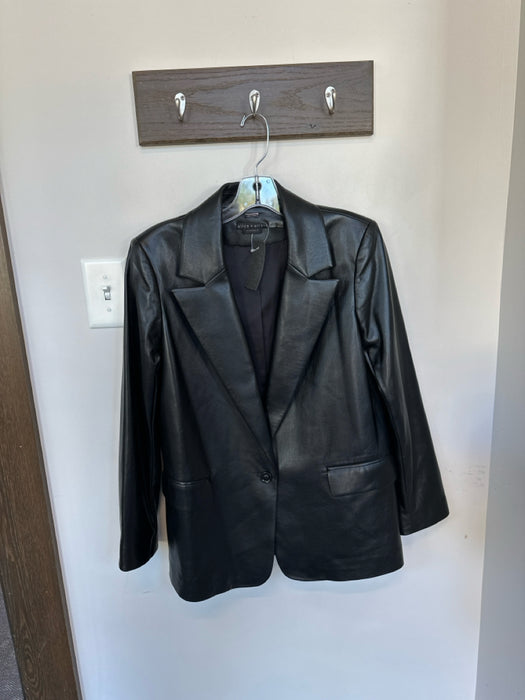 Alice & Olivia Size M Black Vegan Leather One Button Long Blazer Jacket