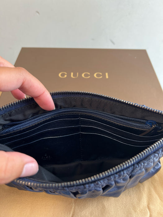 Gucci Navy Blue Leather Zip Close Pleated Detail Wristlet Bag