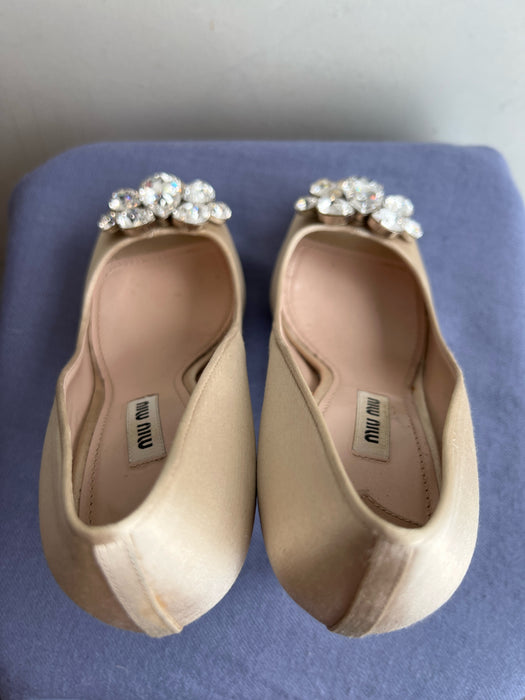 Miu Miu Shoe Size 37.5 Champagne Satin Peep Toe Rhinestone Stiletto Shoes