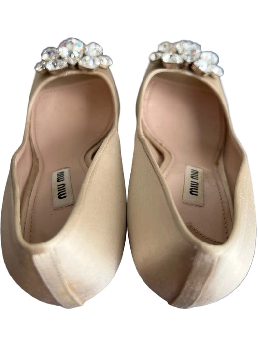 Miu Miu Shoe Size 37.5 Champagne Satin Peep Toe Rhinestone Stiletto Shoes