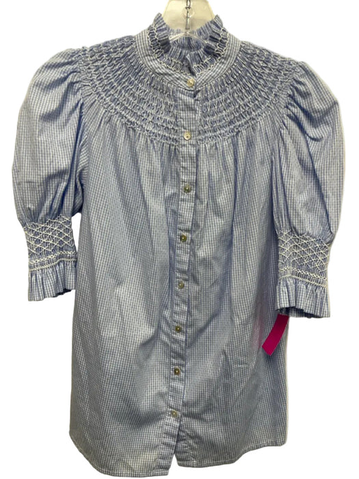 Andion Size XS Blue & White Cotton Smocked Detail Gingham Button Up Top